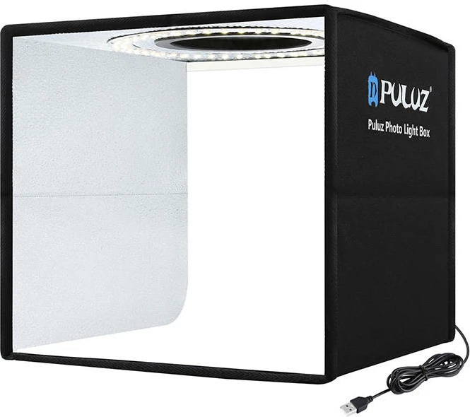 Mini studio fotografik Puluz PU5025B me ndriçim LED, 25cm, 96 LED, 12 sfonda, e zezë