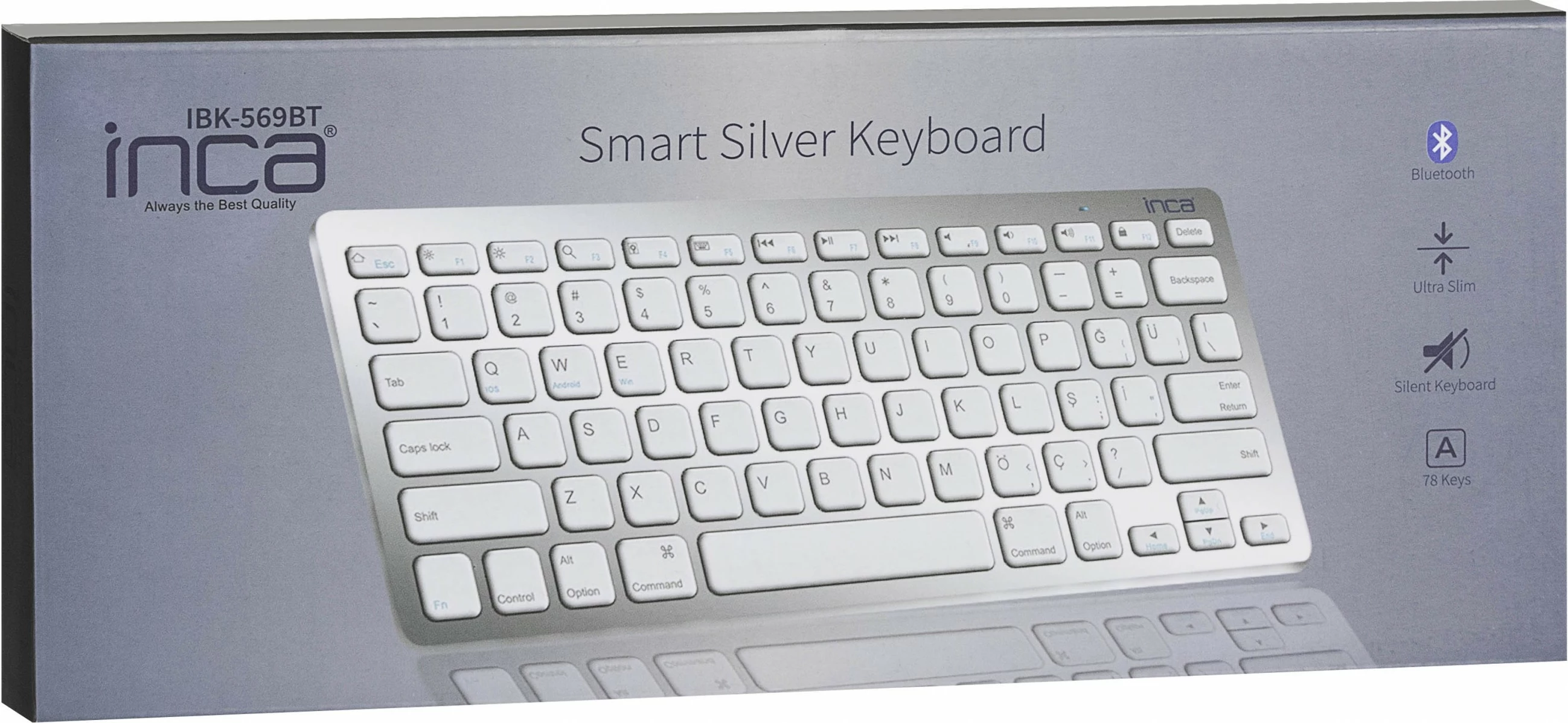 Tastierë Inca IBK-569BT, Bluetooth 3.0, ultrat e hollë, multimedia, 10m, argjendtë