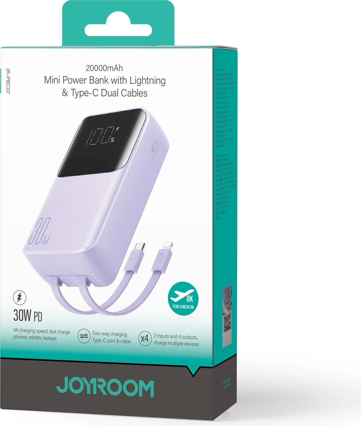 Powerbank Joyroom JR-PBC07, 20000mAh, 30W, me kabllo USB-C dhe Lightning, vjollcë