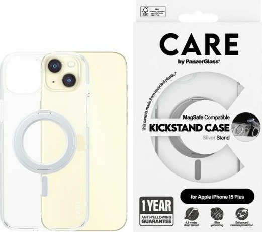 Mbështjellës PanzerGlass Kickstand Case MagSafe për iPhone 15 Plus, argjend