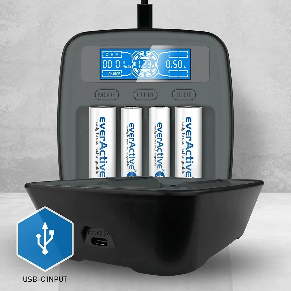 Karikues baterish everActive NC1000MV2, USB-C, për AAA, i zi