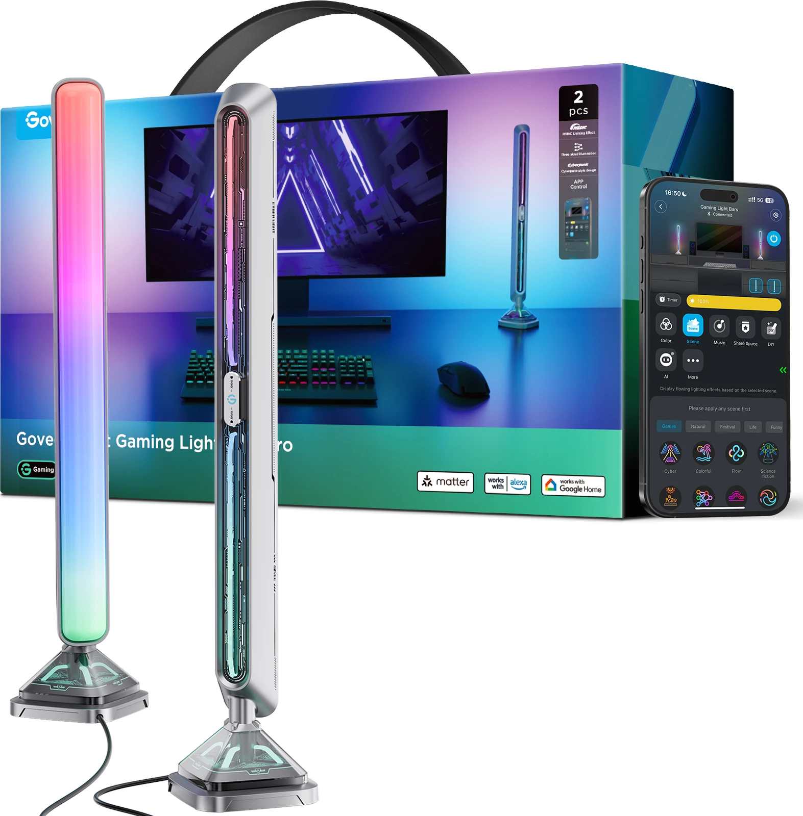 Set shufra ndriçimi smart gaming Govee Smart Gaming Lights Pro RGBIC Wi‑Fi/Bluetooth Matter 2 copë