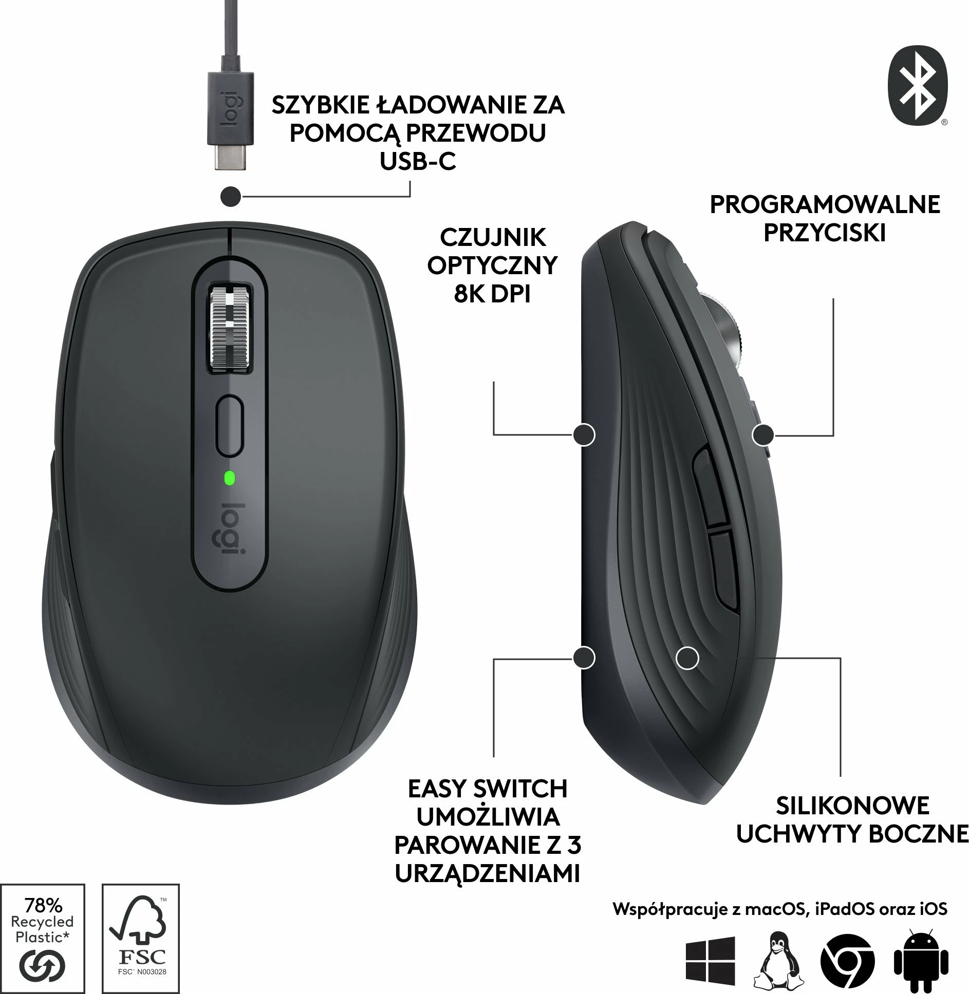 Maus Logitech MX Anywhere 3S 910-006929 8000 DPI Bluetooth/USB-C, Graphite