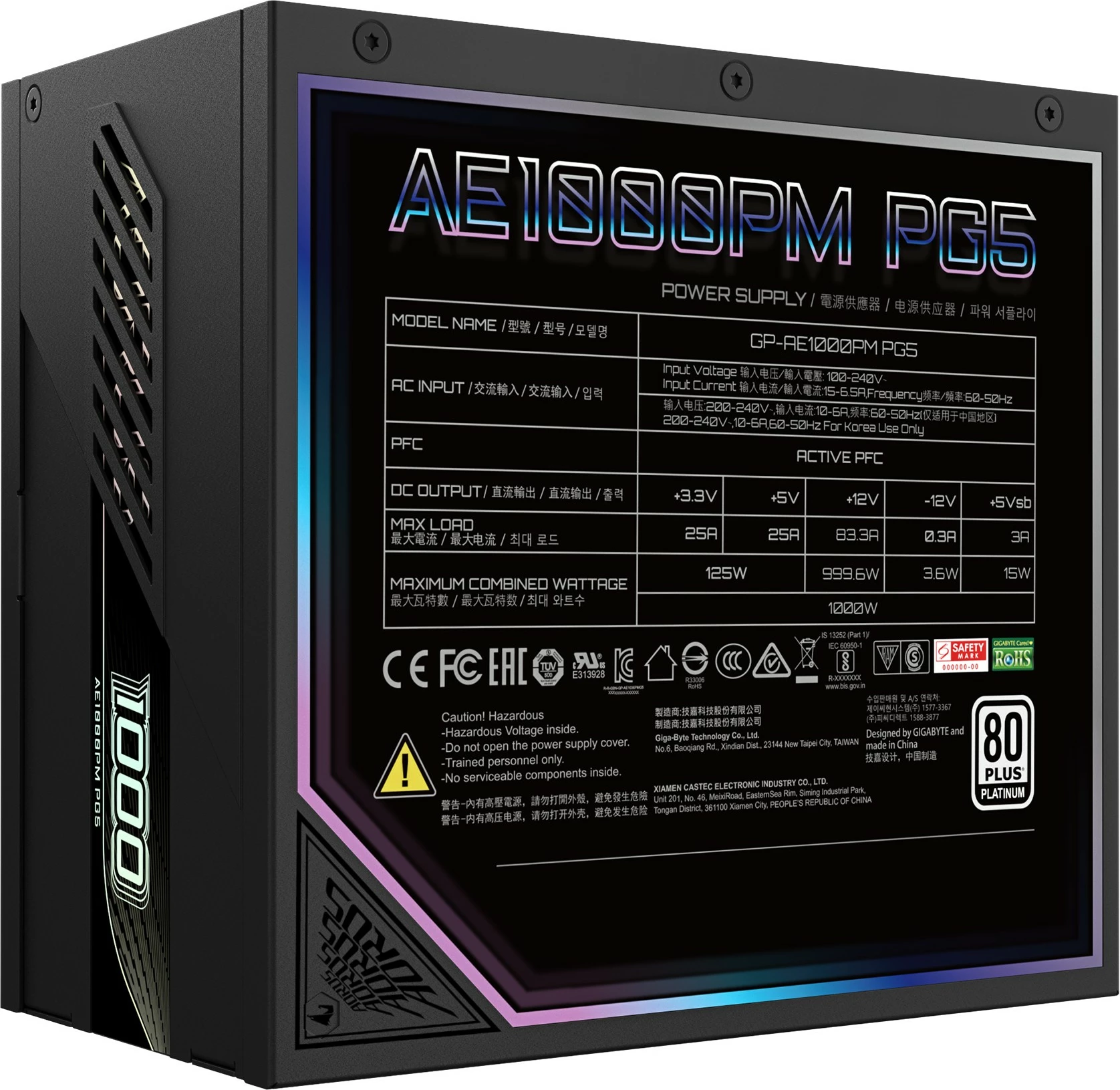 Njësi furnizimi me rrymë Gigabyte AORUS ELITE P1000W ICE, PCIe 5.0, 80 PLUS Platinum, Dizajn plotësisht modular, 1000 W