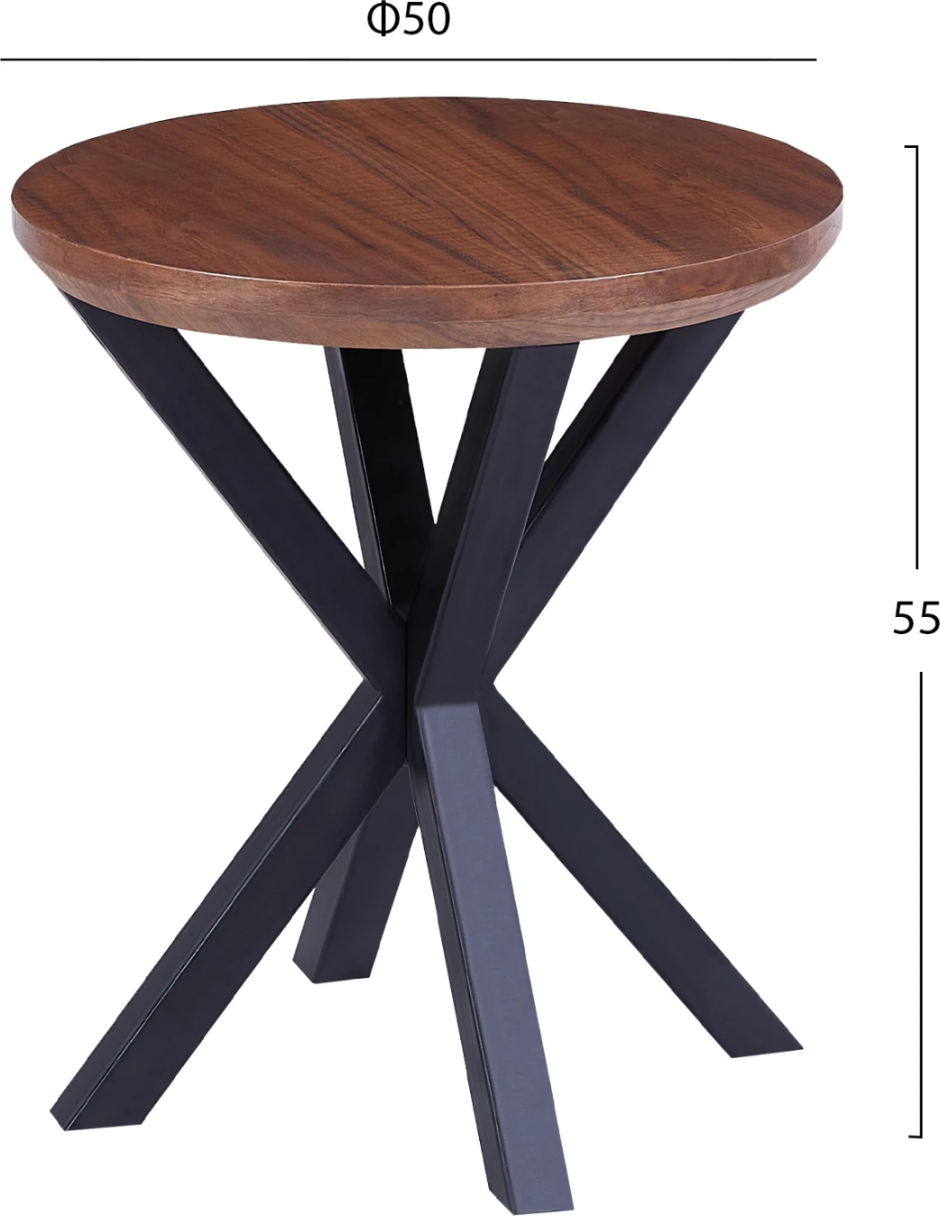 Tavolinë anësore e rrumbullakët, FH9473.02, MDF me sipërfaqe arre dhe këmbë metalike të zeza, Φ50x55H cm