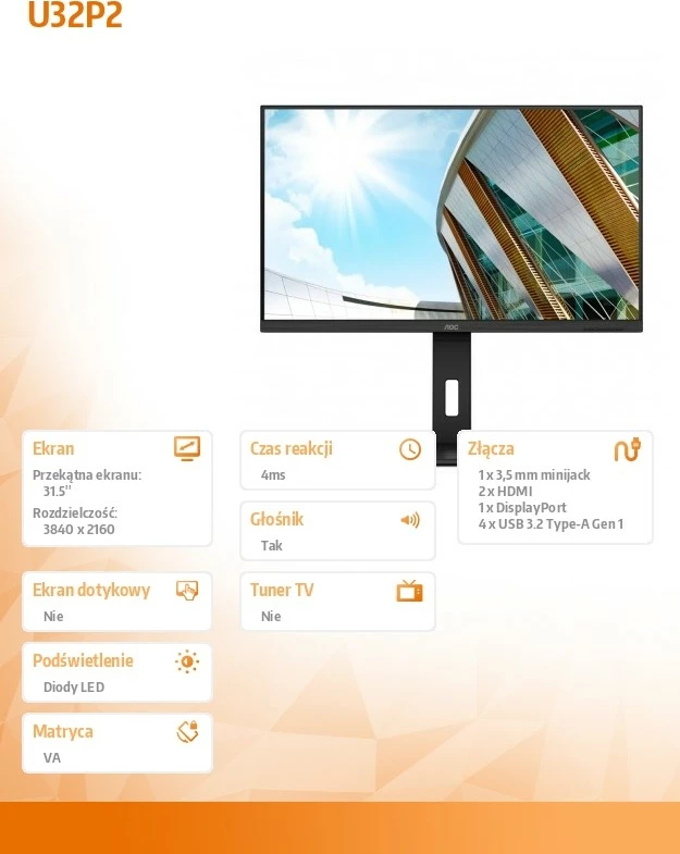 Monitor AOC U32P2, 31.5 inç, VA, 4K UHD, HDMIx2, DP, Pivot, Zi