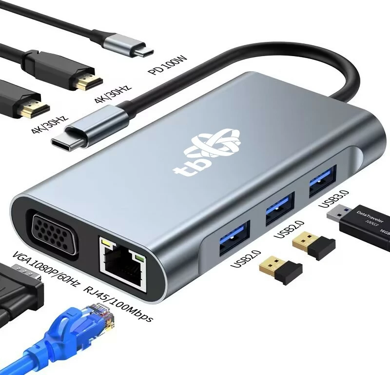 HUB Adapter TB AKTBXVA8W1UHVRJ, USB C 8-në-1, HDMIx2, VGA, RJ45, 3xUSB, Power Delivery, Grafit