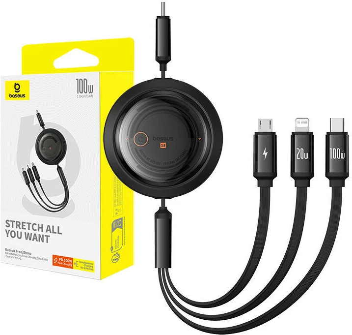 Kabllo karikimi 3-në-1 Baseus Free2Draw, 1.1m, 100W, USB-C/Lightning/microUSB, e zezë