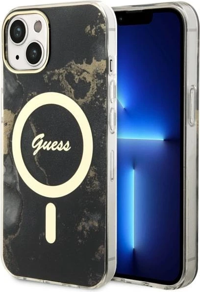 Mbështjellës Guess Golden Marble për iPhone 14 Plus 6.7", MagSafe, zi