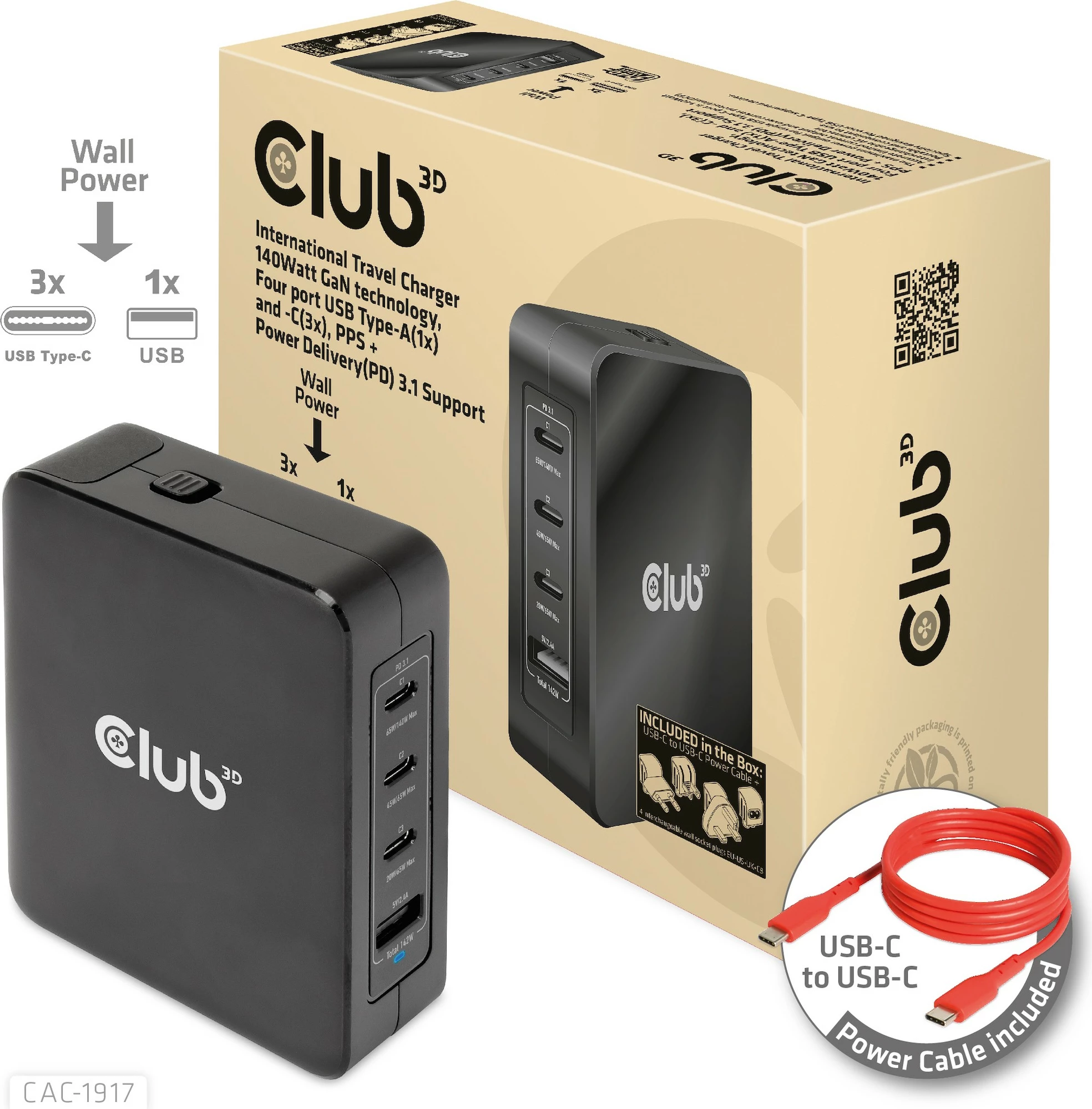 Karikues universal Club3D CAC-1917, 3x USB-C, 1x USB-A, 140W, GaN, i zi