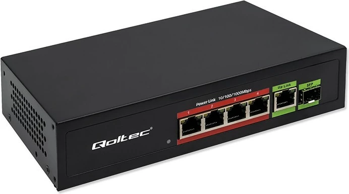 Switch Qoltec 52296, 4x RJ45 PoE, 1x RJ45 Uplink, 1x SFP, 65W, 1000 Mb/s, i zi