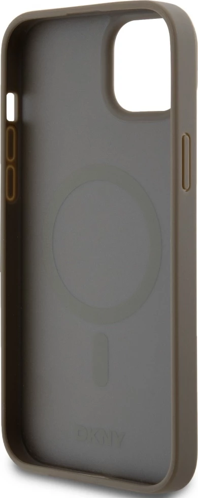 Mbështjellës DKNY Leather Pattern Metal Logo MagSafe për iPhone 15 Plus / 14 Plus, Kafe