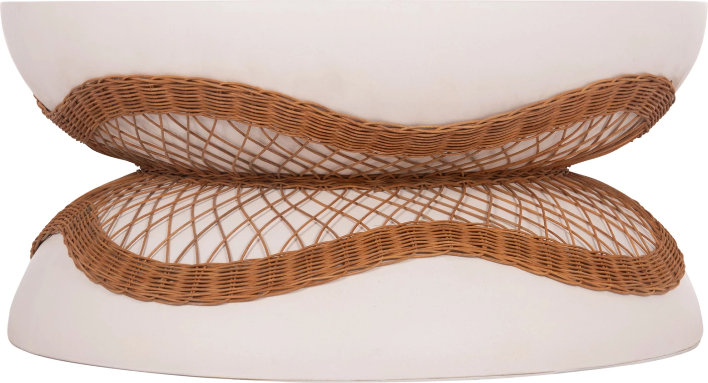 Tavolinë kafeje rrethore ANNA, çimento fiber e bardhë, ratan natyral, FH18157.02, 92x44.5cm