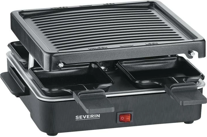 Grill raclette, Severin RG 2370, për 4 persona, pllakë grill jo ngjitëse, e zezë