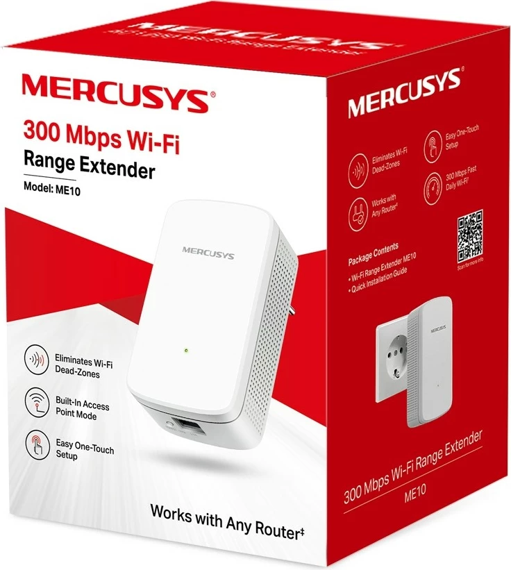 Repeater Wi-Fi Mercusys ME10, 300 Mbps, 1 portë LAN, i bardhë