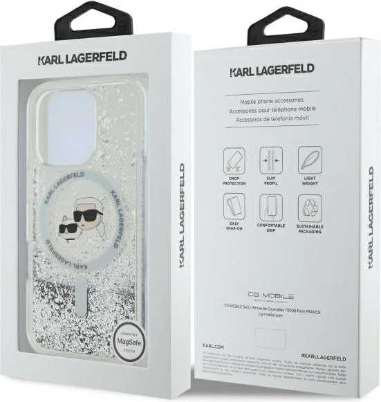 Mbështjellës Karl Lagerfeld Liquid Glitter Karl & Choupette Head MagSafe për iPhone 16 Pro, Transparent