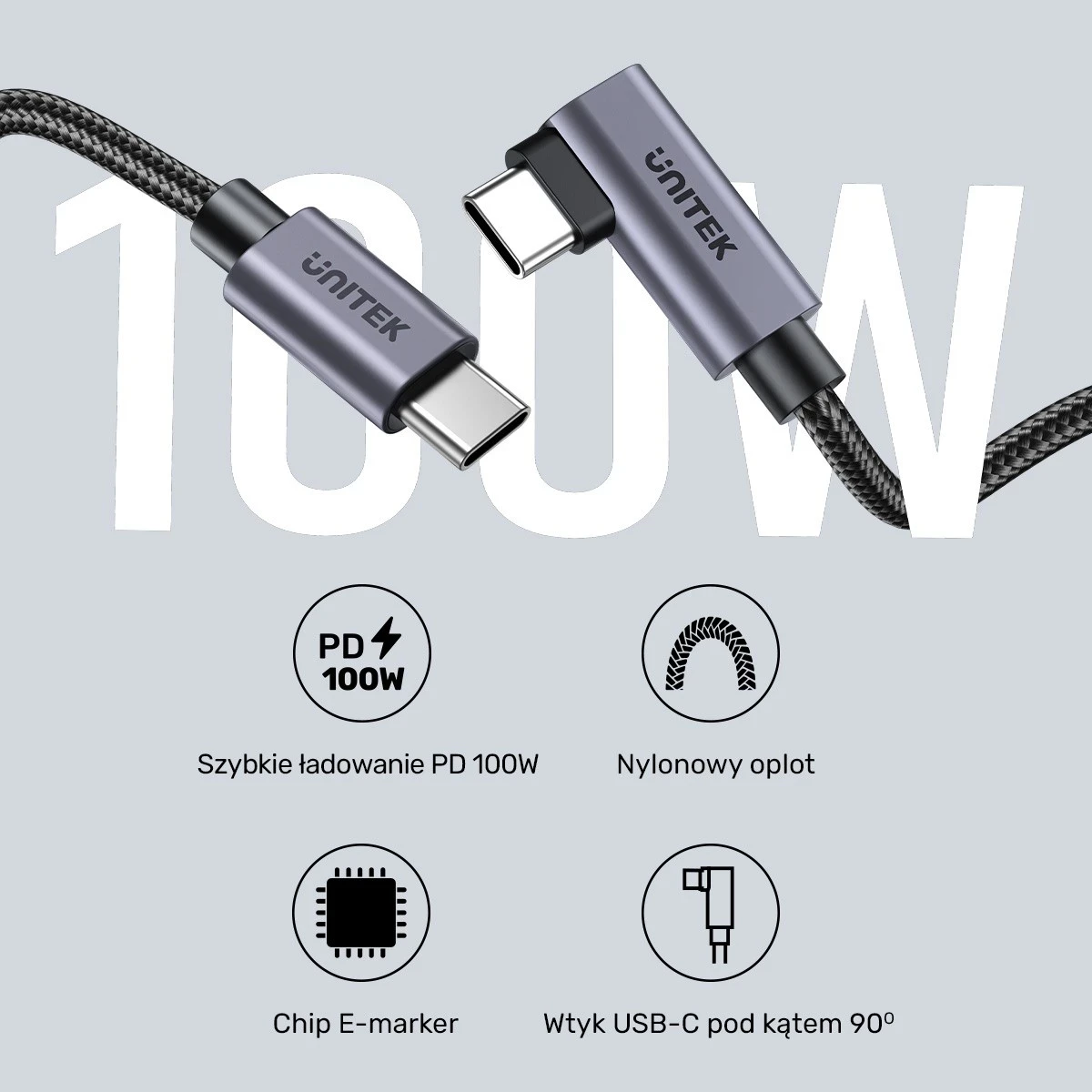 Kabëll USB-C Unitek, 90° PD100W, 1m, zi-gri