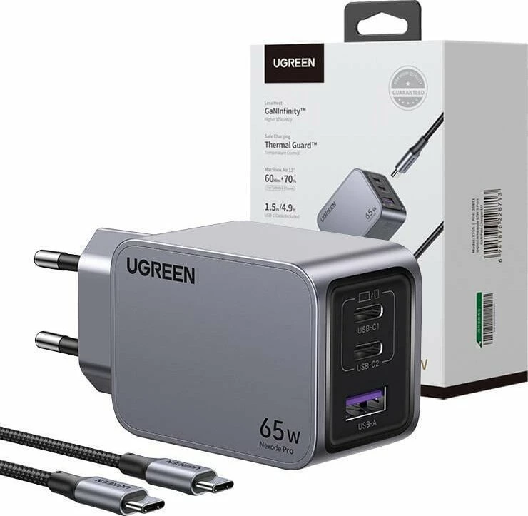 Karikues rrjeti Ugreen Nexode Pro UGR1833 65W, 2x USB-C + 1x USB-A, me kabllo USB-C 1.5m, i zi