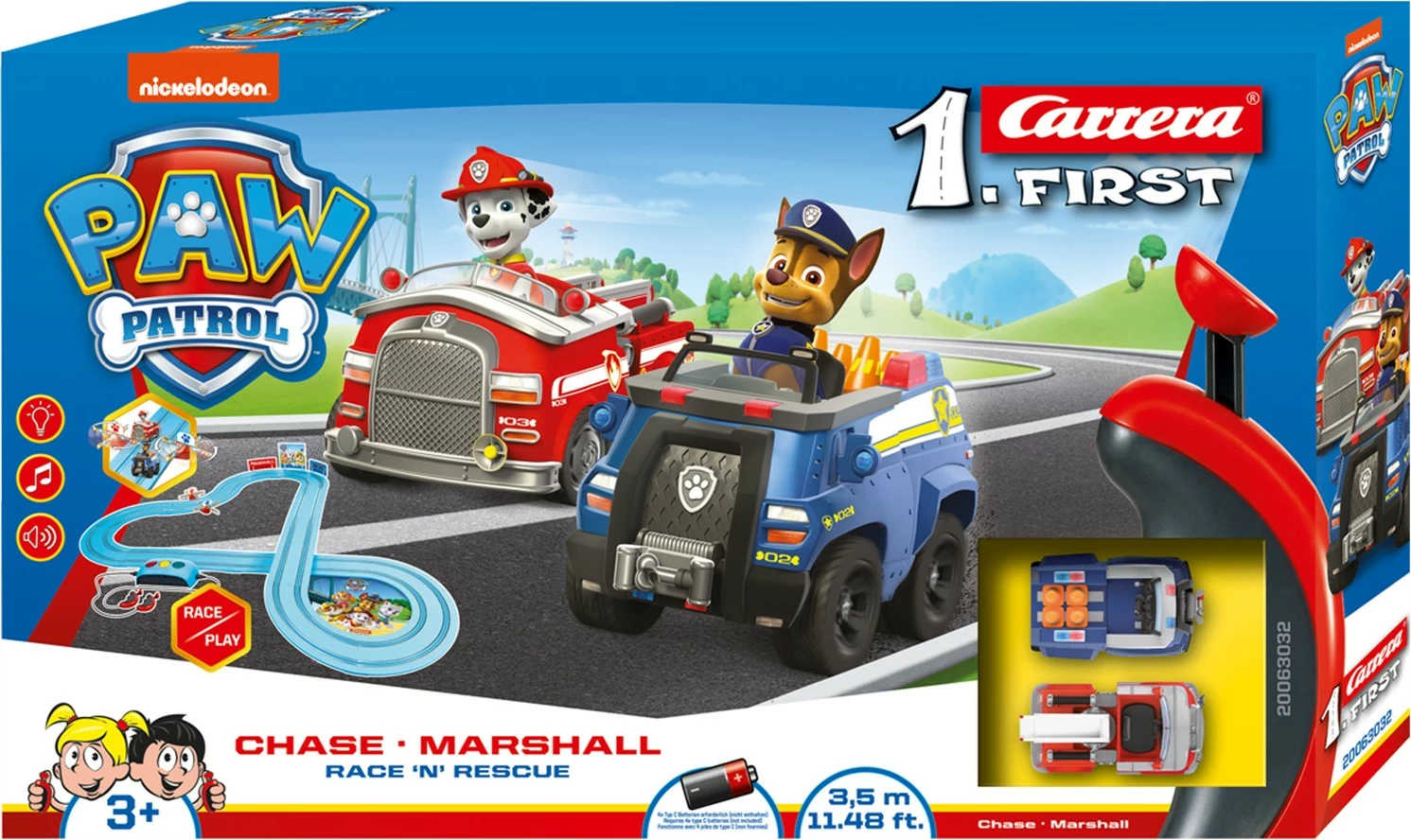 Set veturash Carrera First PAW PATROL Race N Rescue, ngjyrë blu dhe e kuqe