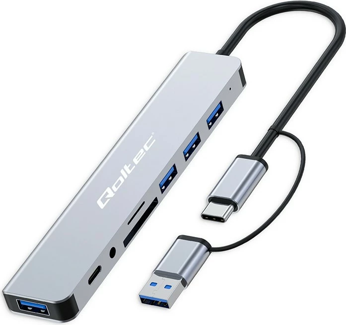HUB/Adapter 8-në-1 Qoltec 53794, USB-C/USB, 4xUSB, SD/TF, 3.5mm, grafit