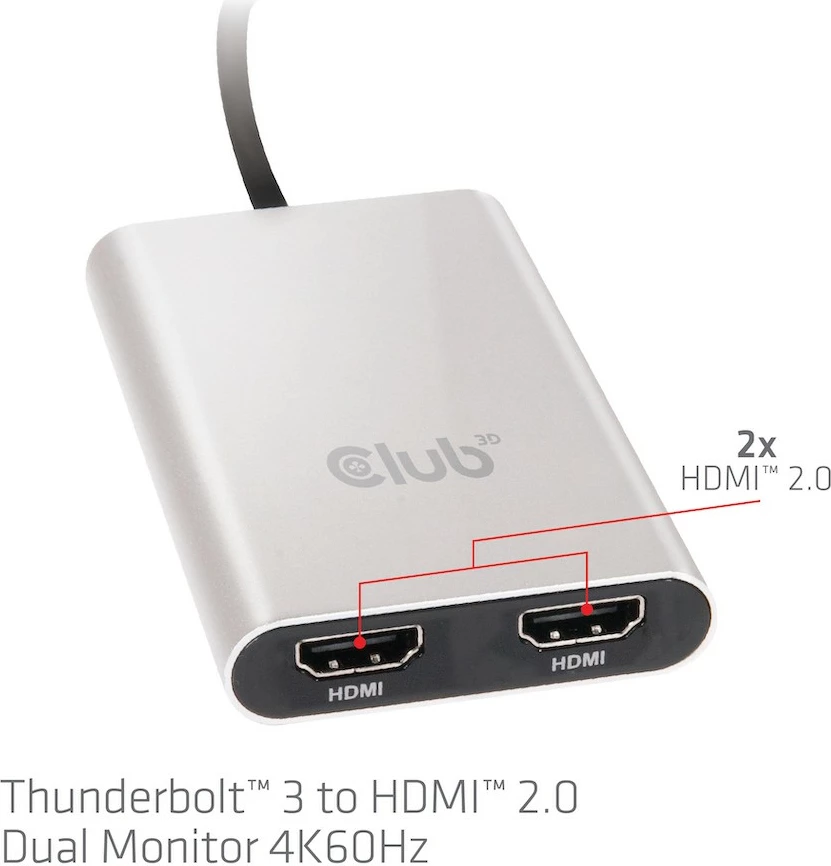 Adapter Thunderbolt 3 në 2x HDMI Club3D, 4K@60Hz, argjendtë