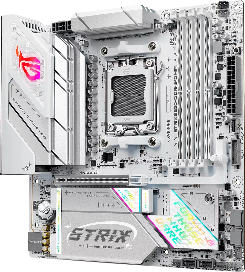 Pllakë amë ASUS ROG STRIX B850-G GAMING WIFI, AM5 mATX, DDR5 4xDIMM, 4xM.2, PCIe 5.0, 2.5GbE, WiFi 7, Bluetooth 5.4, HDMI/DisplayPort, Aura Sync, e bardhë