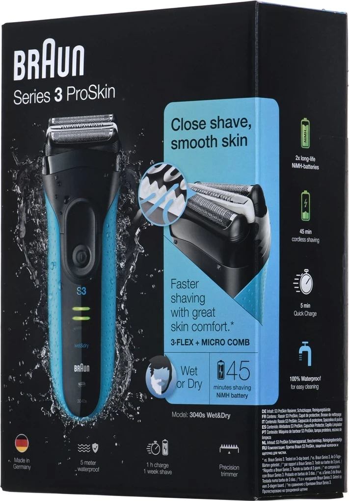 Makinë rroje Braun Series 3 3040s, me trimmer, e zezë/blu