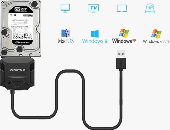 Adapter USB 3.0 në SATA Ugreen Pocket për disqe 2.5\"/3.5\" deri 4TB, i zi