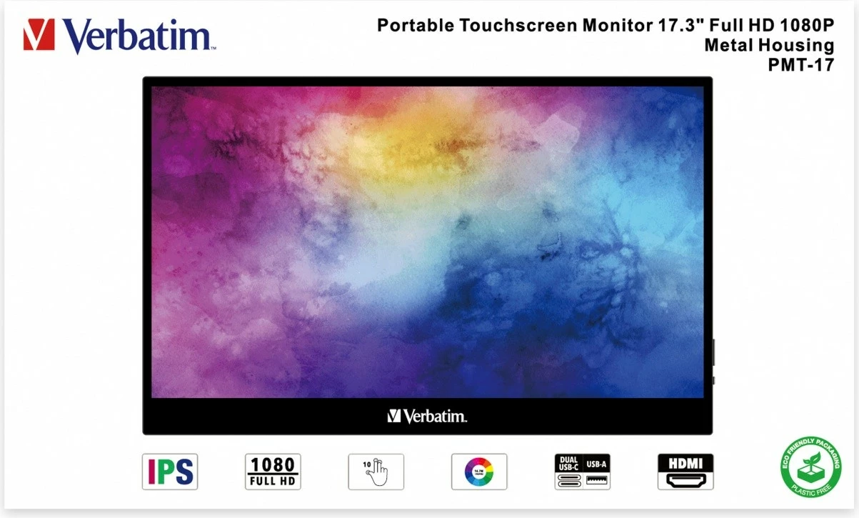 Monitor portativ me prekje, Verbatim PMT-17, 17.3" Full HD IPS 60 Hz, 10-pikësh, USB-C/HDMI, i zi