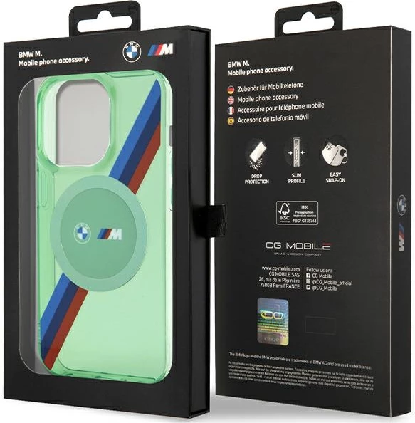 Mbështjellës BMW M Tricolor Stripes MagSafe për iPhone 15 Pro, i gjelbër