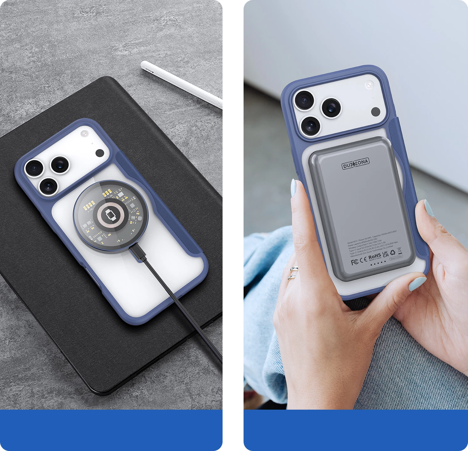 Mbështjellës, Dux Ducis, Skin X Pro iPhone 17 Pro, me portofol, kompatibil MagSafe, me bllokim RFID, blu