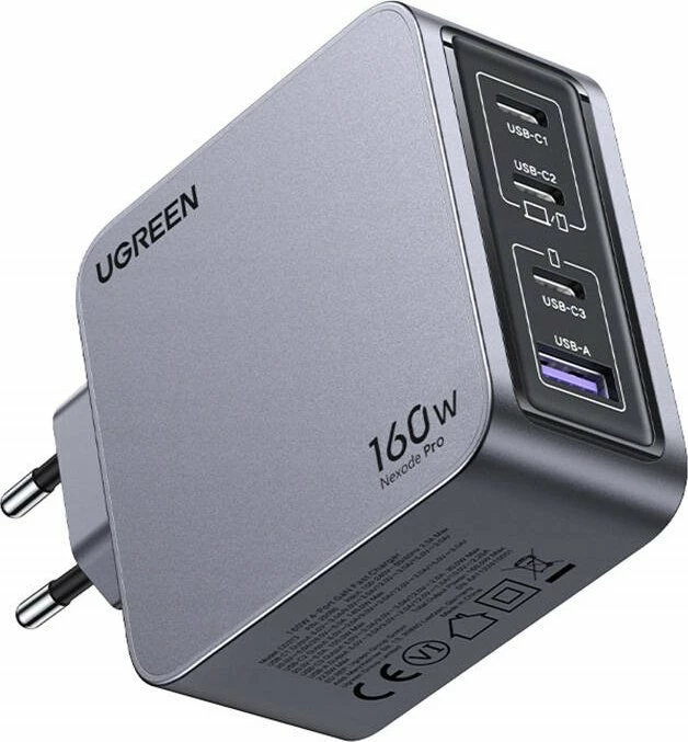 Karikues Ugreen Nexode Pro UGR1838 160W, 1x USB-A + 3x USB-C, GaN II, me kabllo, gri