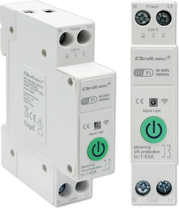 Relé Wi-Fi Qoltec 50881 për shina DIN, matës energjie, 63A, e bardhë