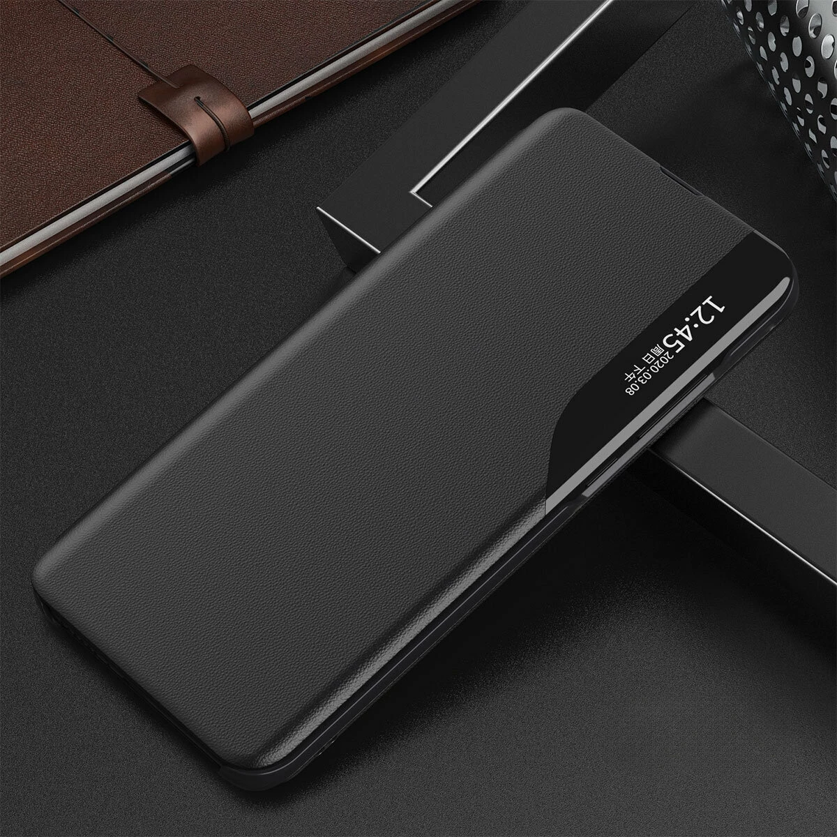 Mbështjellës Hurtel Eco Leather View Case për Samsung Galaxy A05s, me kapak, e zezë