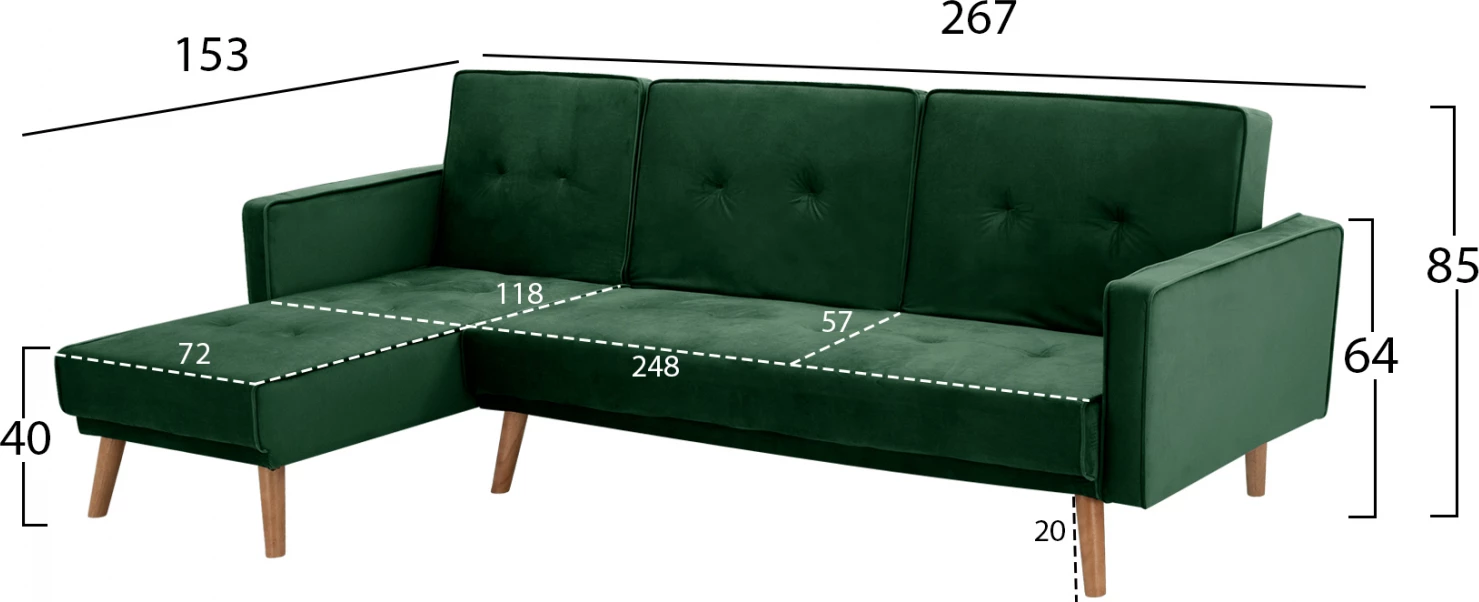 Divan qoshe i kthyeshëm me shtrat TALIA FH3153.03 kadife jeshile 267x153x85 cm