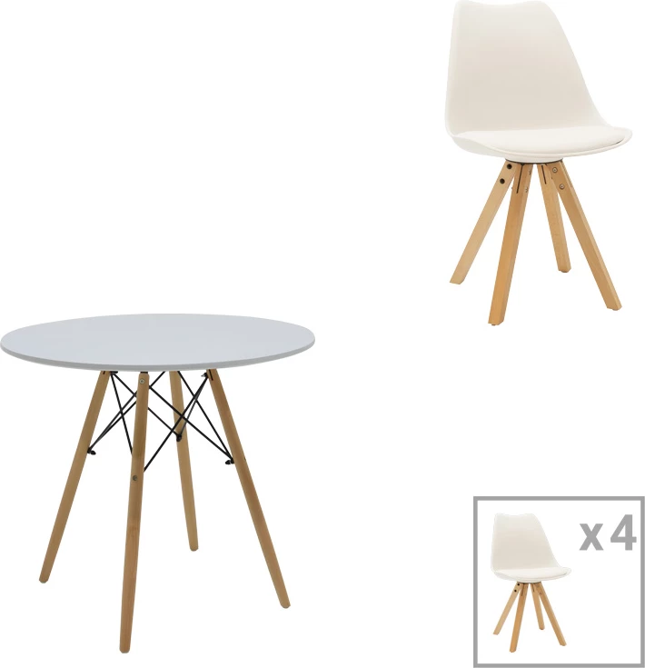 Set tavoline me karrige Julita-Caron, 5 pjesë, MDF e bardhë, këmbë natyrale, Φ80x73cm