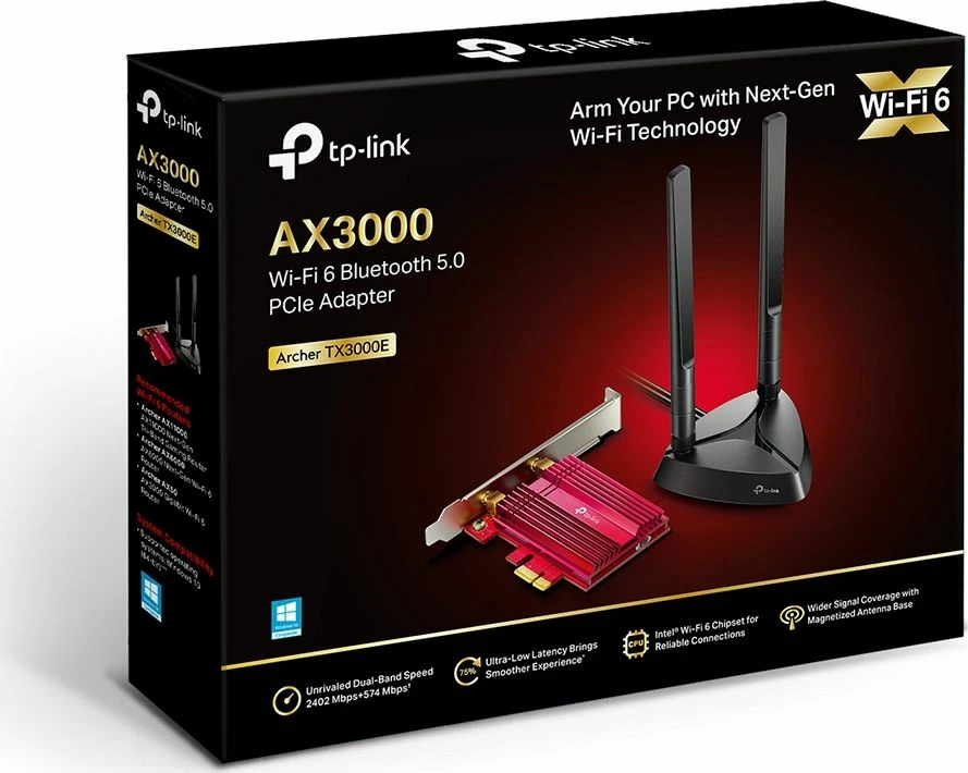 Kartelë rrjeti Wi‑Fi TP-Link Archer TX3000E AX3000 PCIe, 2402 Mbps, Bluetooth 5.0