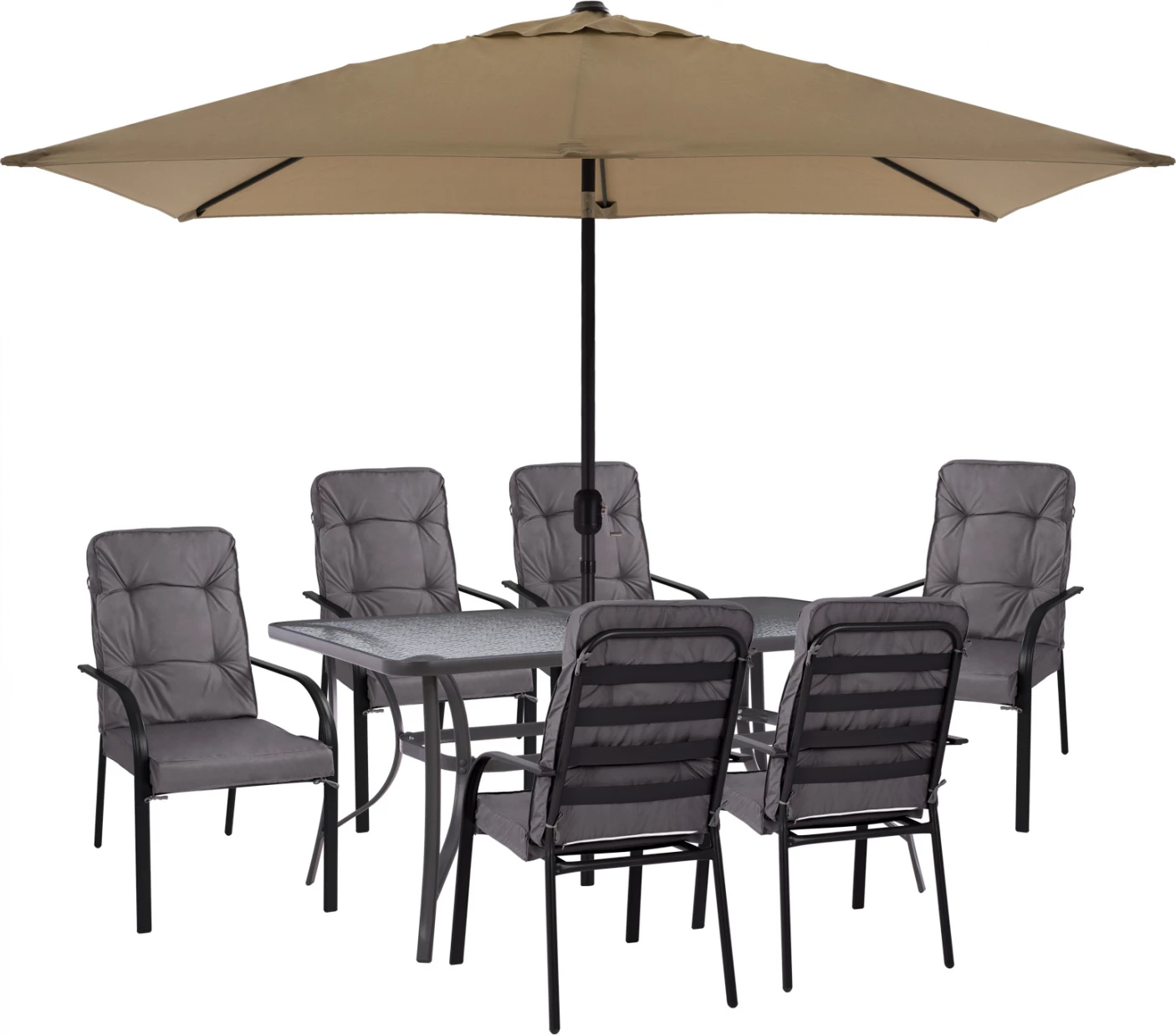 Set për darkë 8 copë, tavolinë, karrige me krahë gri dhe ombrellë mocha gri FH11476