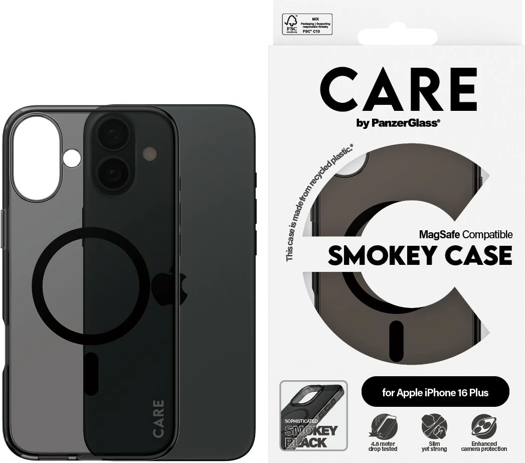 Mbështjellës PanzerGlass CARE Case Flagship Smokey MagSAFE për iPhone 16 Plus, zi