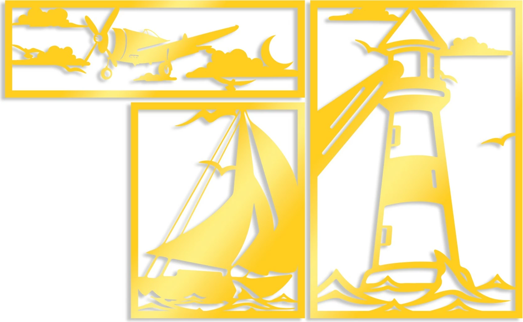 Aksesor dekorativ metalik për mur Wallity, set me tre pjesë, ngjyrë ari, Lighthouse Trio G