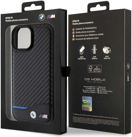 Mbështjellës BMW Leather Carbon për iPhone 15, i zi