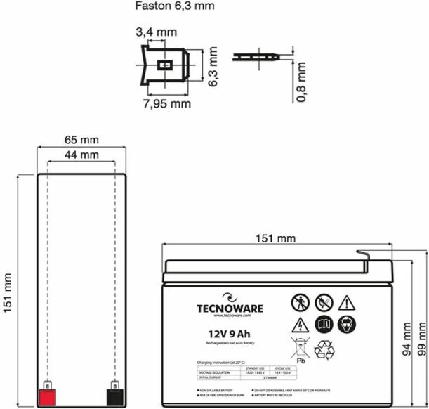 Bateri/akumulator TECNOWARE EACPE12V09ATWP 12V 9Ah Faston 6.35mm, e zezë