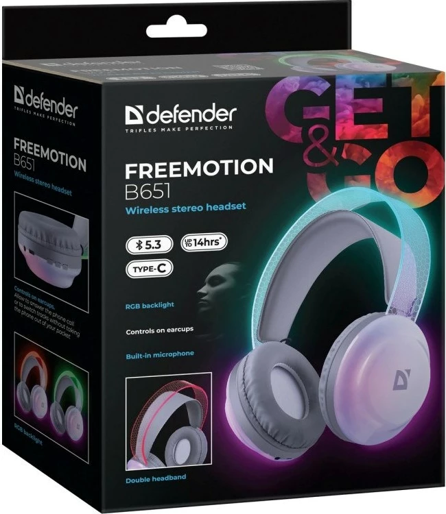 Kufje pa tela Defender FreeMotion B651, me drita LED, Gri