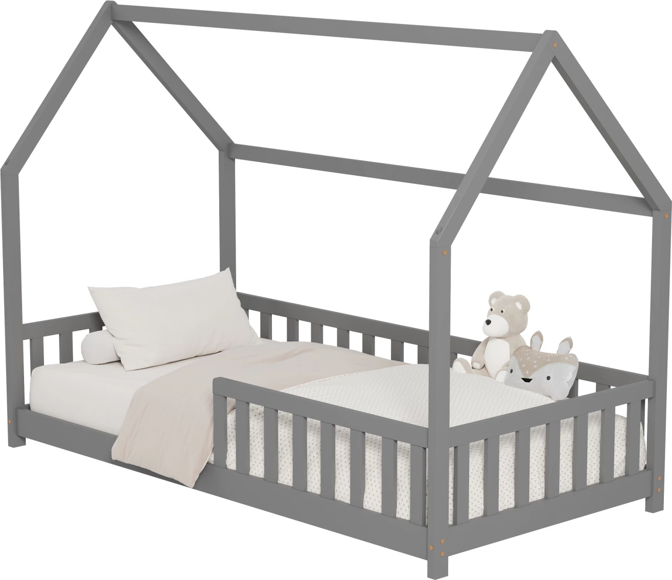 Krevat për fëmijë me gardh PHYLLIS FH679.05 t.MONTESSORI dru pishe i fortë ngjyrë gri - 190x90cm