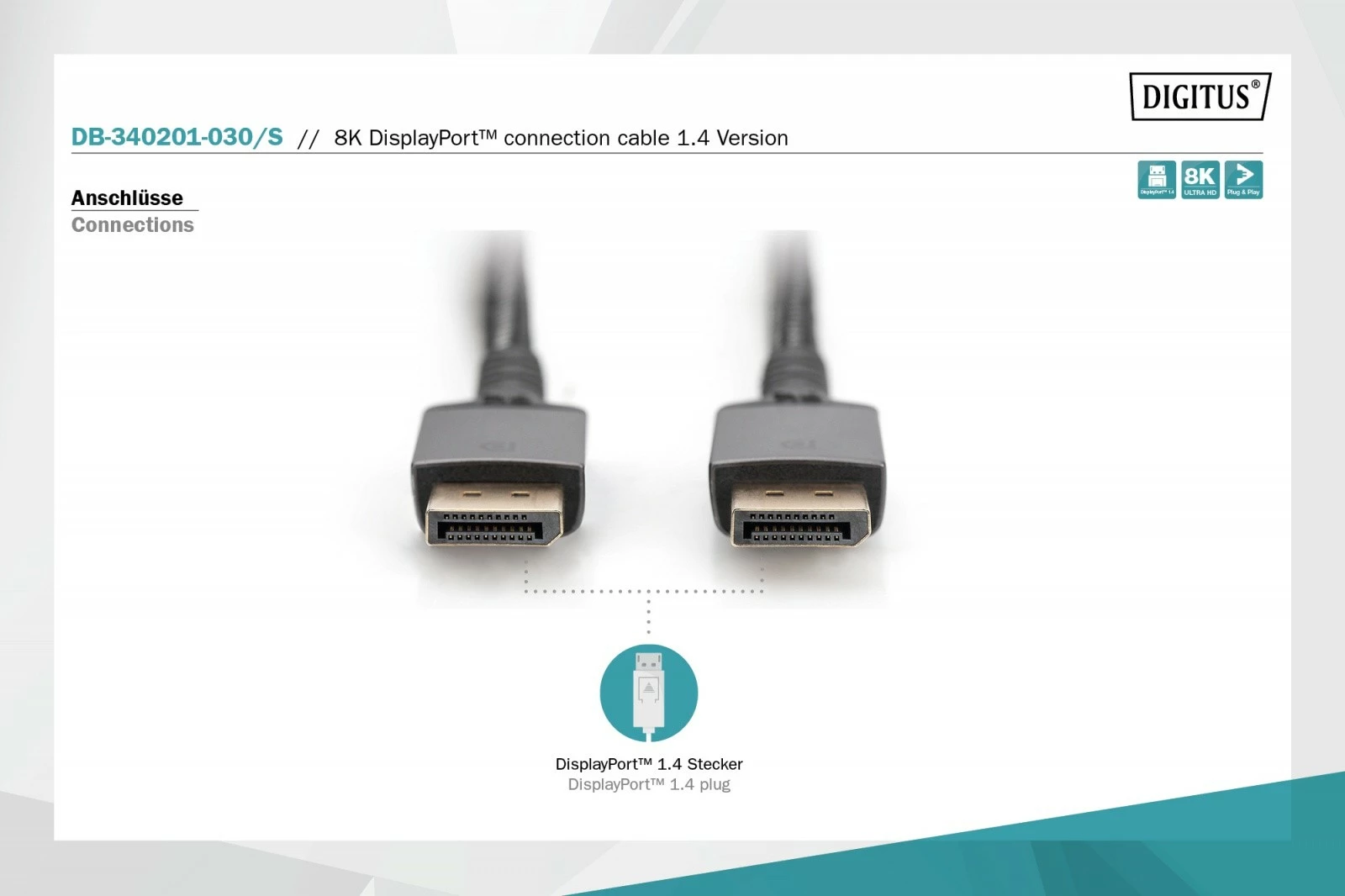 Kabllo DisplayPort Digitus DB-340201-030-S, 3m, 8K60Hz, e zezë