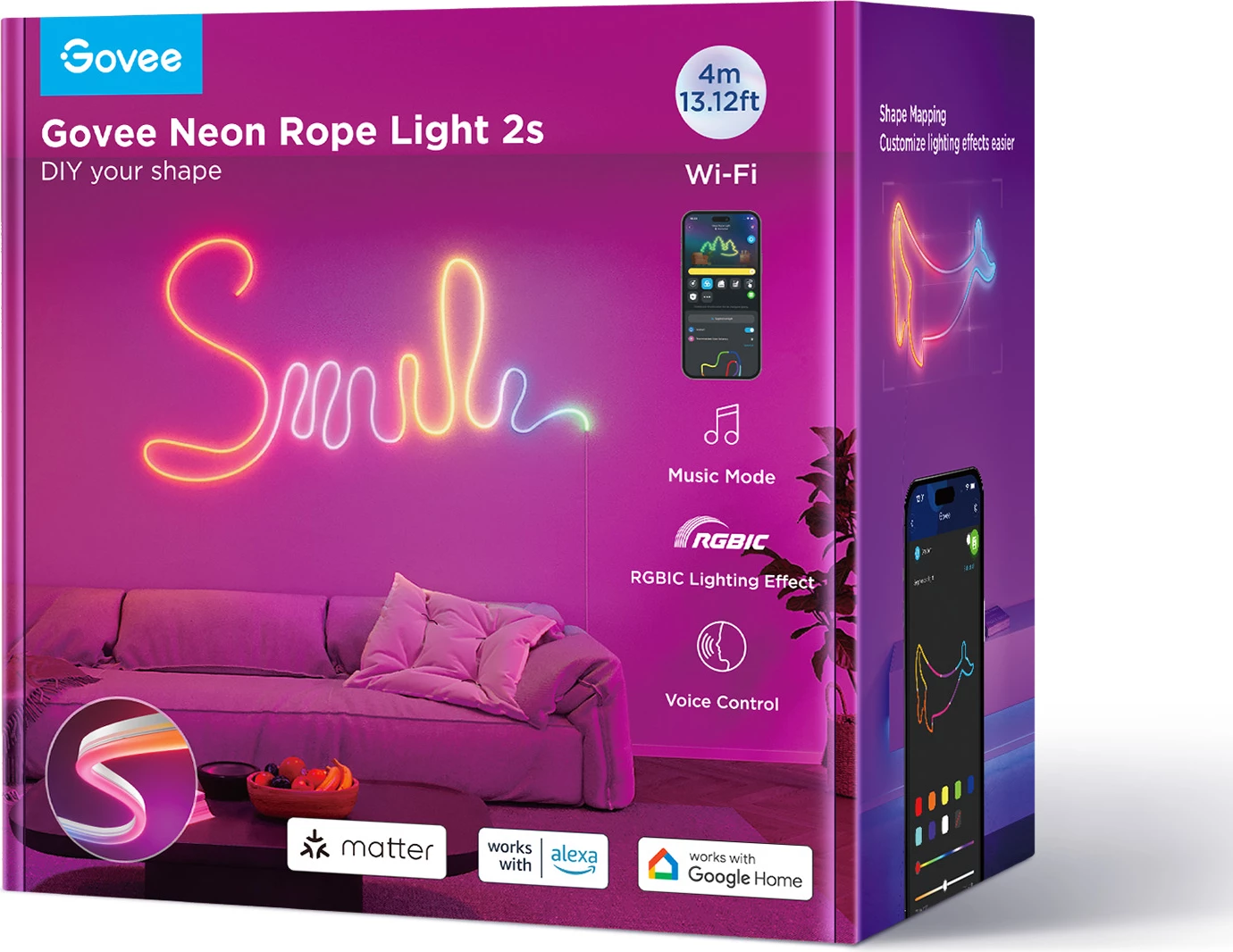 Shirit LED neon Govee Neon Rope Light 2S H61D4-W 4m RGBIC Bluetooth, i bardhë