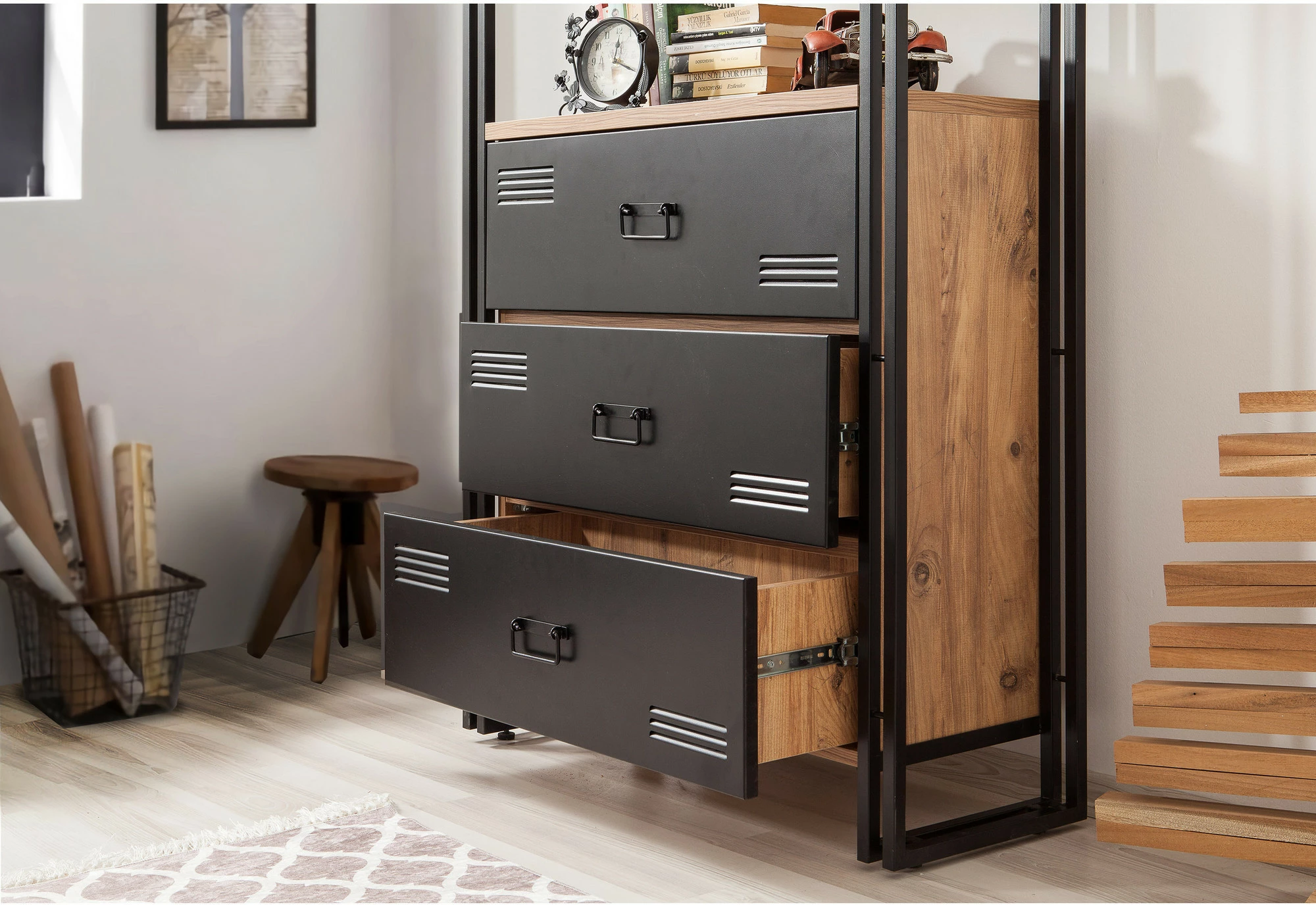 Raft librash industrial Cosmo Cortex, ngjyrë Atlantic Pine dhe e zezë, Hanah Home