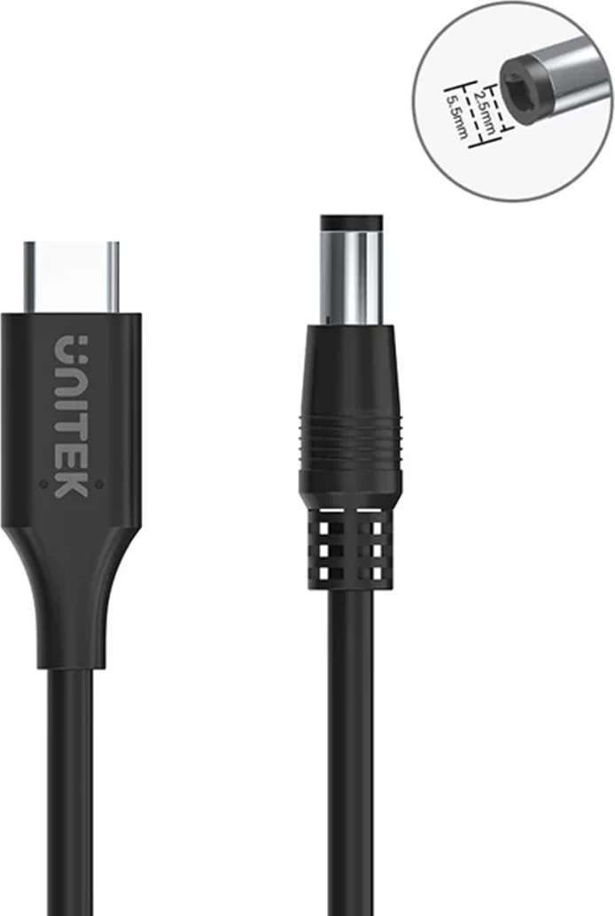 Kabulli për ngarkim të laptopit Unitek, 65W USB-C - DC5,5mm, i zi