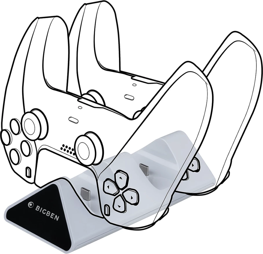 Stacion karikimi për kontrollera PS5 Bigben Dual Charging Station V2, karikim i dyfishtë, USB-C, karikim i shpejtë 3 orë, bardhë/zi