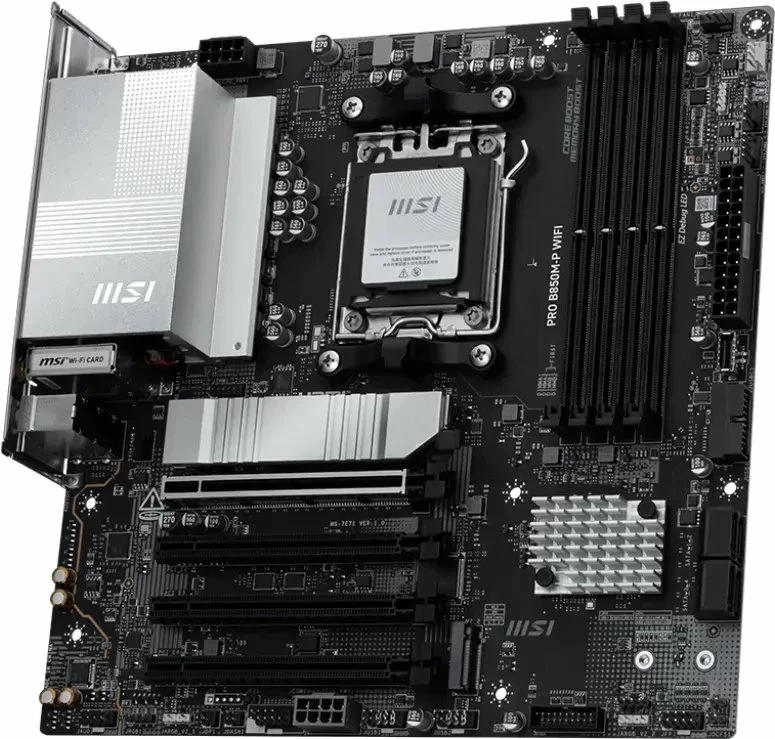 Pllakë amë MSI PRO B850M-P WIFI, Micro ATX, DDR5, WiFi 7, Bluetooth, 5G LAN, PCIe 5.0, e zezë/argjendtë, me antenë WiFi